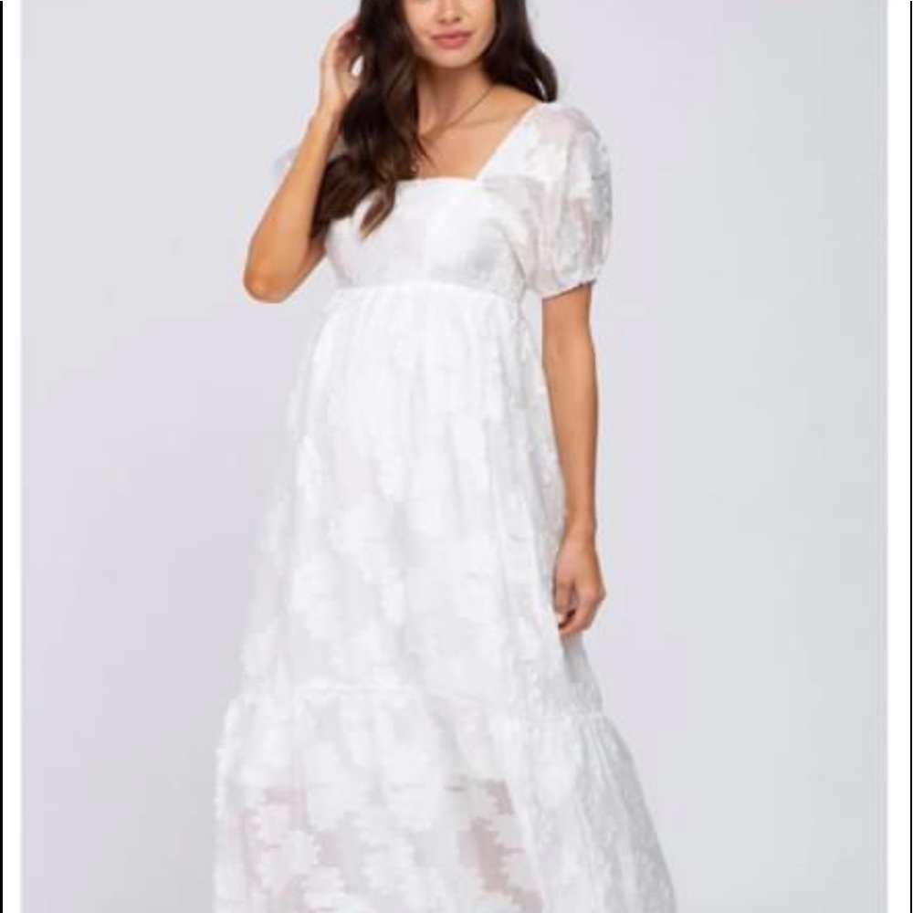 Pink Blush White Textured Floral Puff Sleeve Maternity Dress